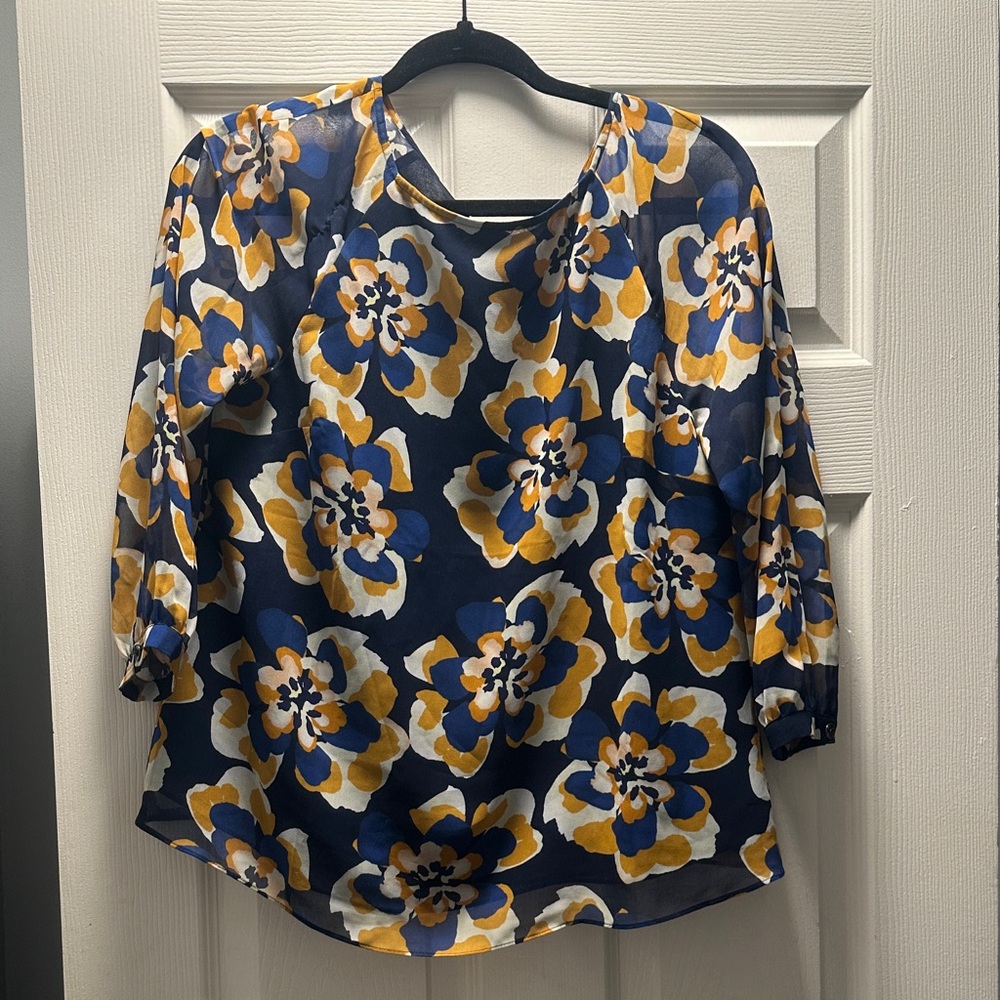 CAbi Navy and Yellow Floral Blouse